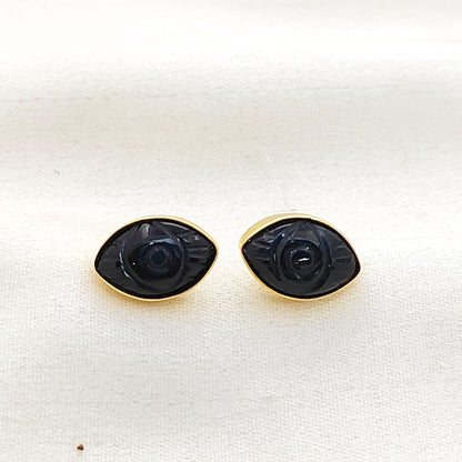Handmade Black Tourmaline Evil Eye Stud Earrings Marquise Shape Gold Vermeil Healing Jewelry Gift- Selling Per Pair