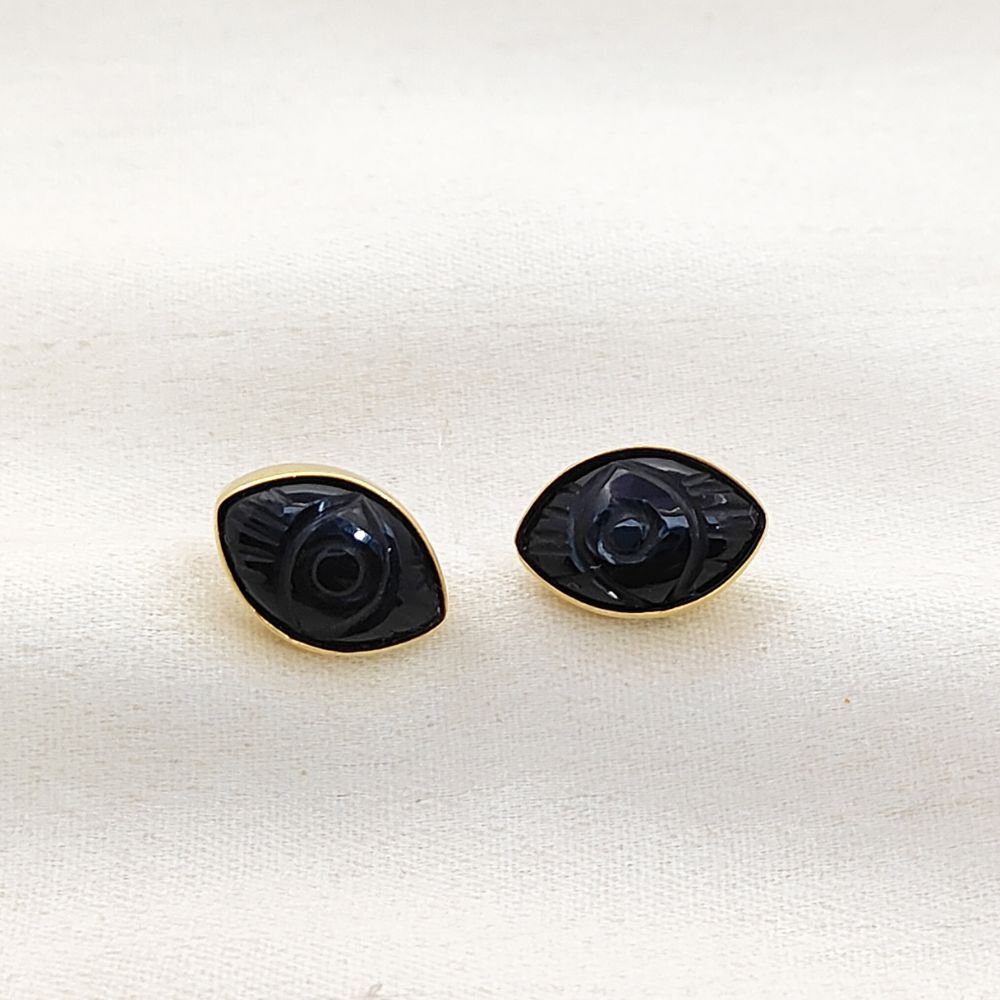 Handmade Black Tourmaline Evil Eye Stud Earrings Marquise Shape Gold Vermeil Healing Jewelry Gift- Selling Per Pair