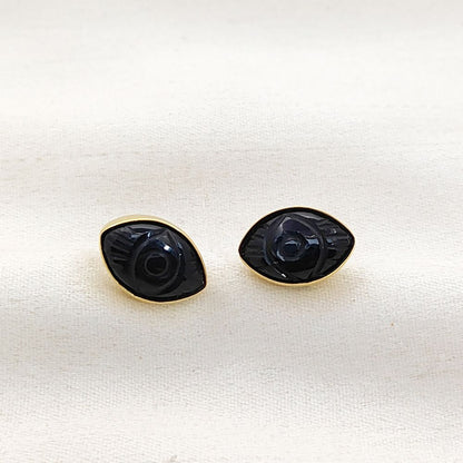 Handmade Black Tourmaline Evil Eye Stud Earrings Marquise Shape Gold Vermeil Healing Jewelry Gift- Selling Per Pair