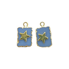 Handmade Blue Opal Rectangle Slice Pendant with Star Gold Electroplated Healing Crystal Charm for DIY Necklace Craft- Selling Per Piece