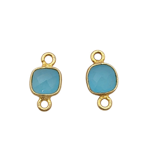 Handmade cushion cut aqua blue chalcedony connector charm in gold plated 925 silver bezel