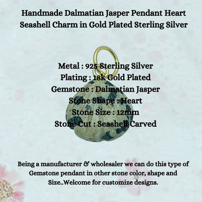 Unique Dalmatian Jasper Pendant – Heart Shaped Seashell Charm in Gold Plated Sterling Silver