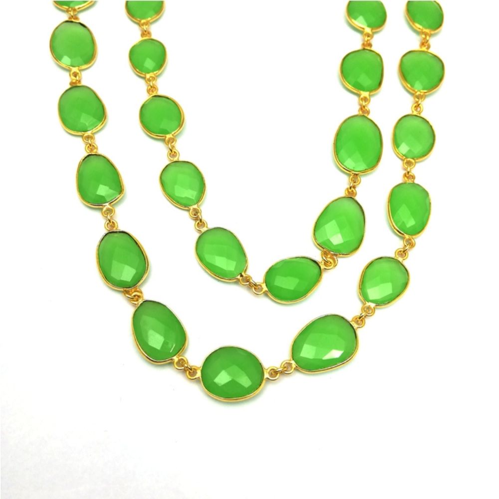 Gold Plated Green Chalcedony Chain – Faceted Bezel Connector Links for Jewelry Supply