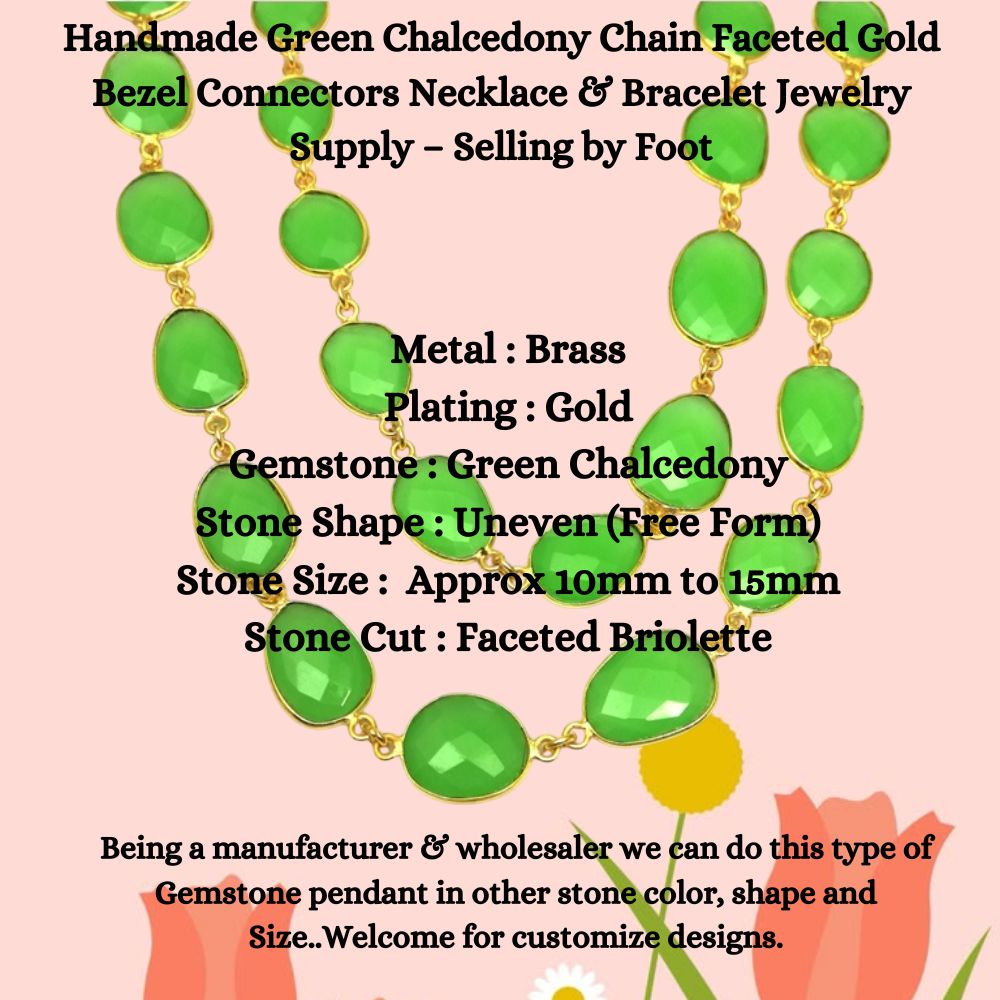 Faceted Green Chalcedony Chain Gold Plated – Handmade Jewelry Supply Selling by Foot