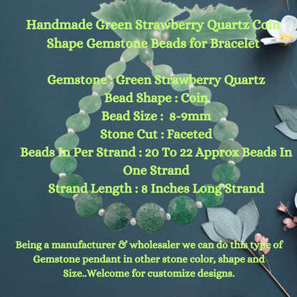 Handmade Green Strawberry Quartz Coin Shape Gemstone Beads for Bracelet