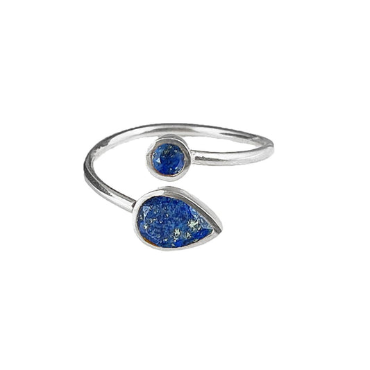 Handmade 925 sterling silver adjustable ring with two lapis lazuli stones, open band design, dainty jewelry gift