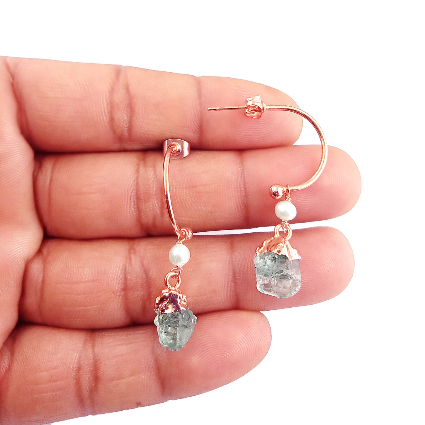 Aquamarine and Pearl Hoop Earrings Dainty 925 Sterling Silver March Birthstone Jewelry- Selling Per Pair