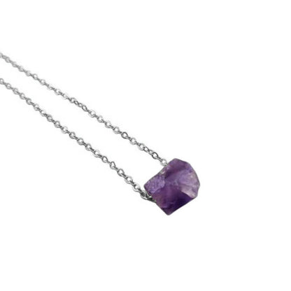 Natural raw amethyst necklace with silver plated adjustable chain