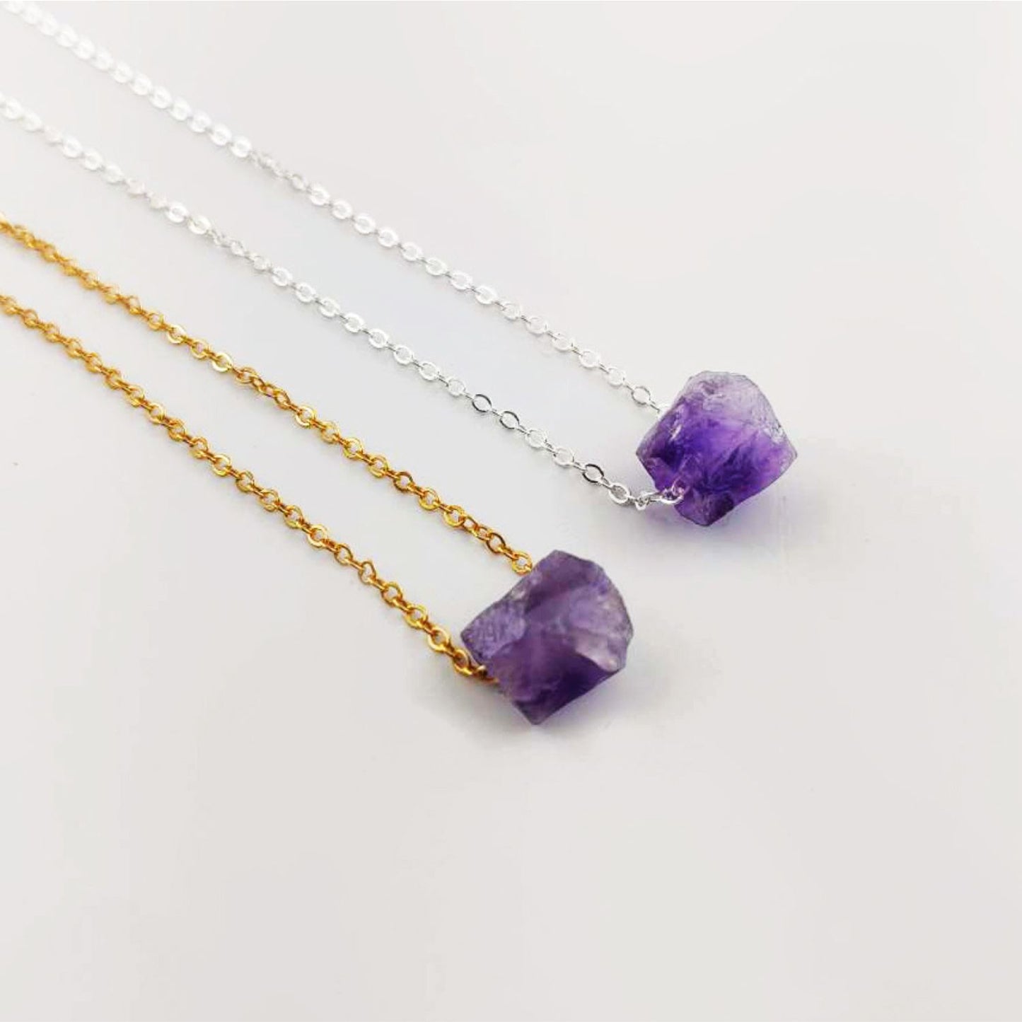 Natural Raw Amethyst Necklace with Silver Plated Adjustable Chain