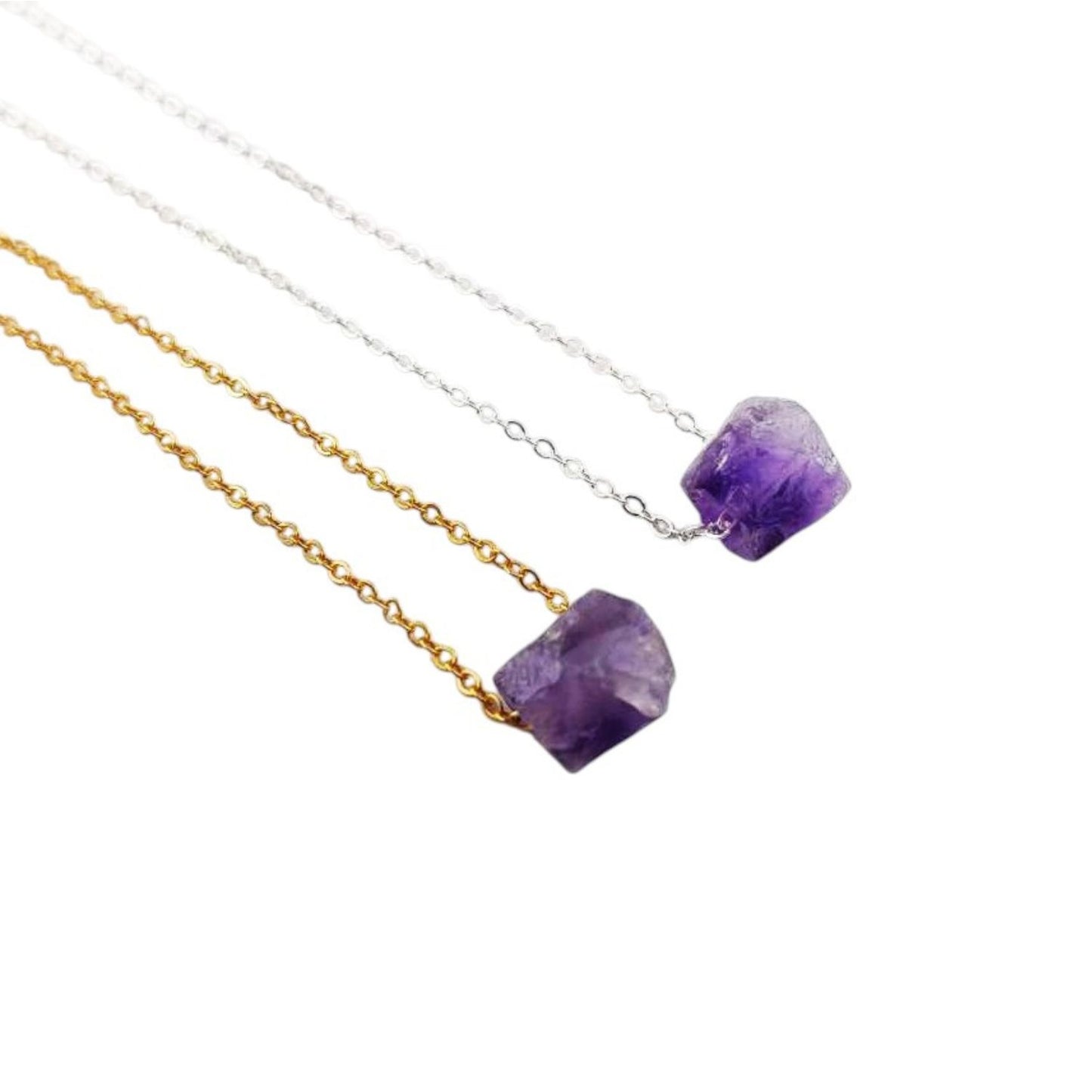 Natural Raw Amethyst Necklace with Silver Plated Adjustable Chain