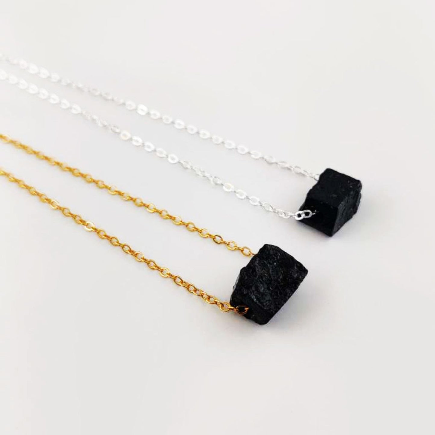 Raw Black Tourmaline Gemstone Necklace with Silver Plated Adjustable Chain