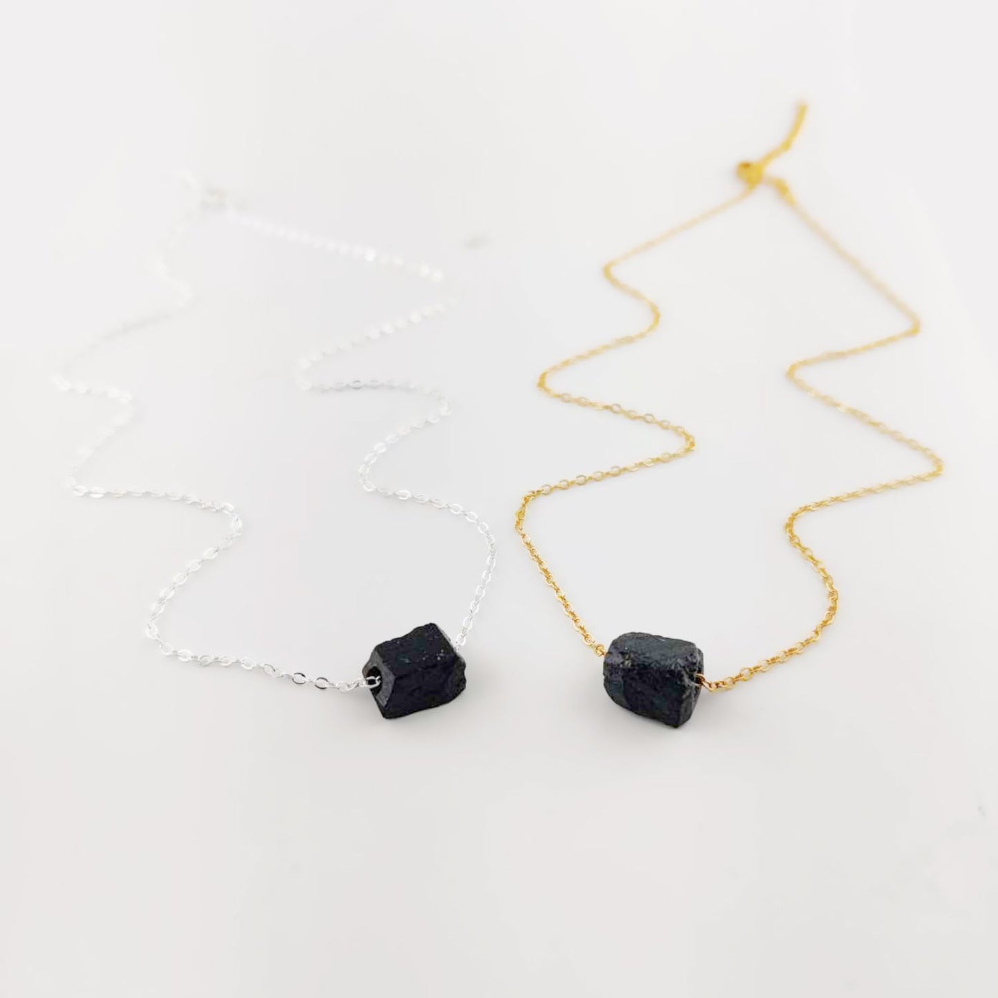 Raw Black Tourmaline Gemstone Necklace with Silver Plated Adjustable Chain