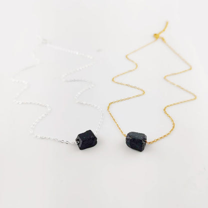 Raw Black Tourmaline Gemstone Necklace with Silver Plated Adjustable Chain