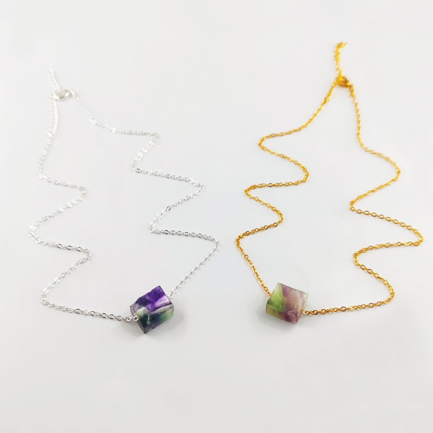 Raw Rainbow Fluorite Colorful Crystal Gemstone Necklace Silver Plated Jewelry