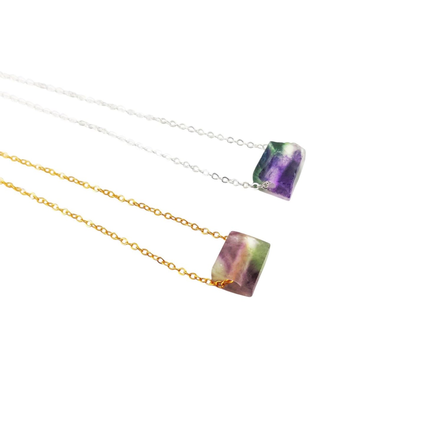 Raw Rainbow Fluorite Colorful Crystal Gemstone Necklace Silver Plated Jewelry