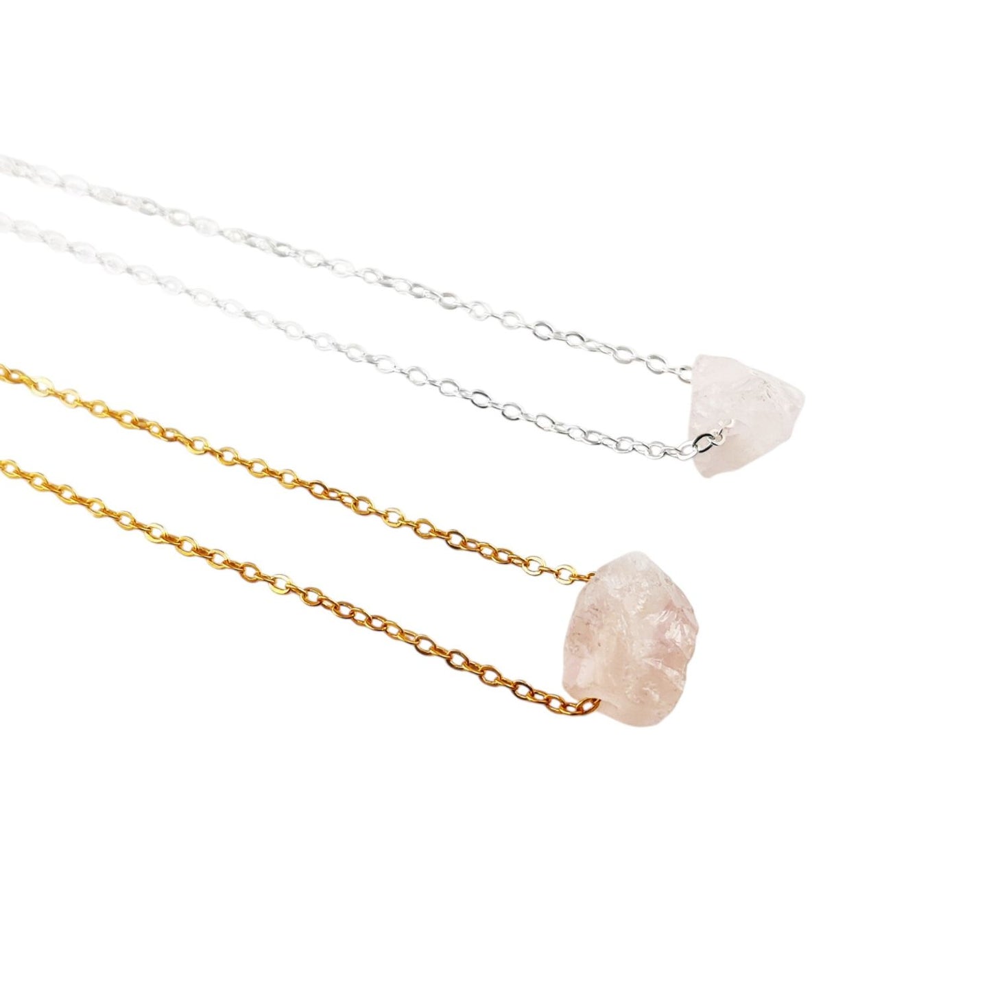 Raw Rose Quartz Birthstone Necklace Handmade Pink Crystal Jewelry with Silver Plated Chain