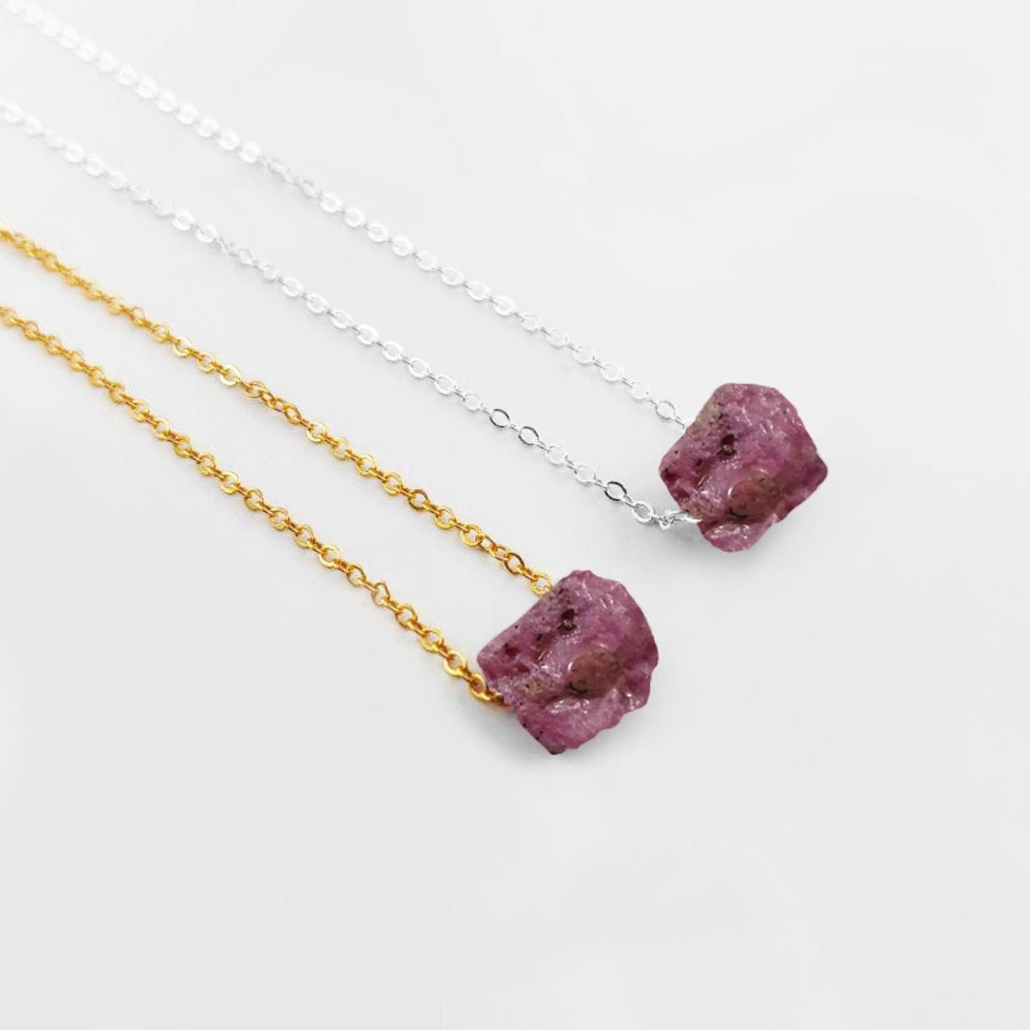 Raw Red Ruby Necklace with Silver Plated Chain Natural Gemstone Jewelry