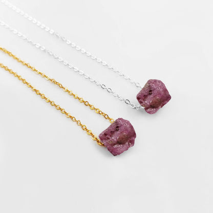 Raw Red Ruby Necklace with Silver Plated Chain Natural Gemstone Jewelry