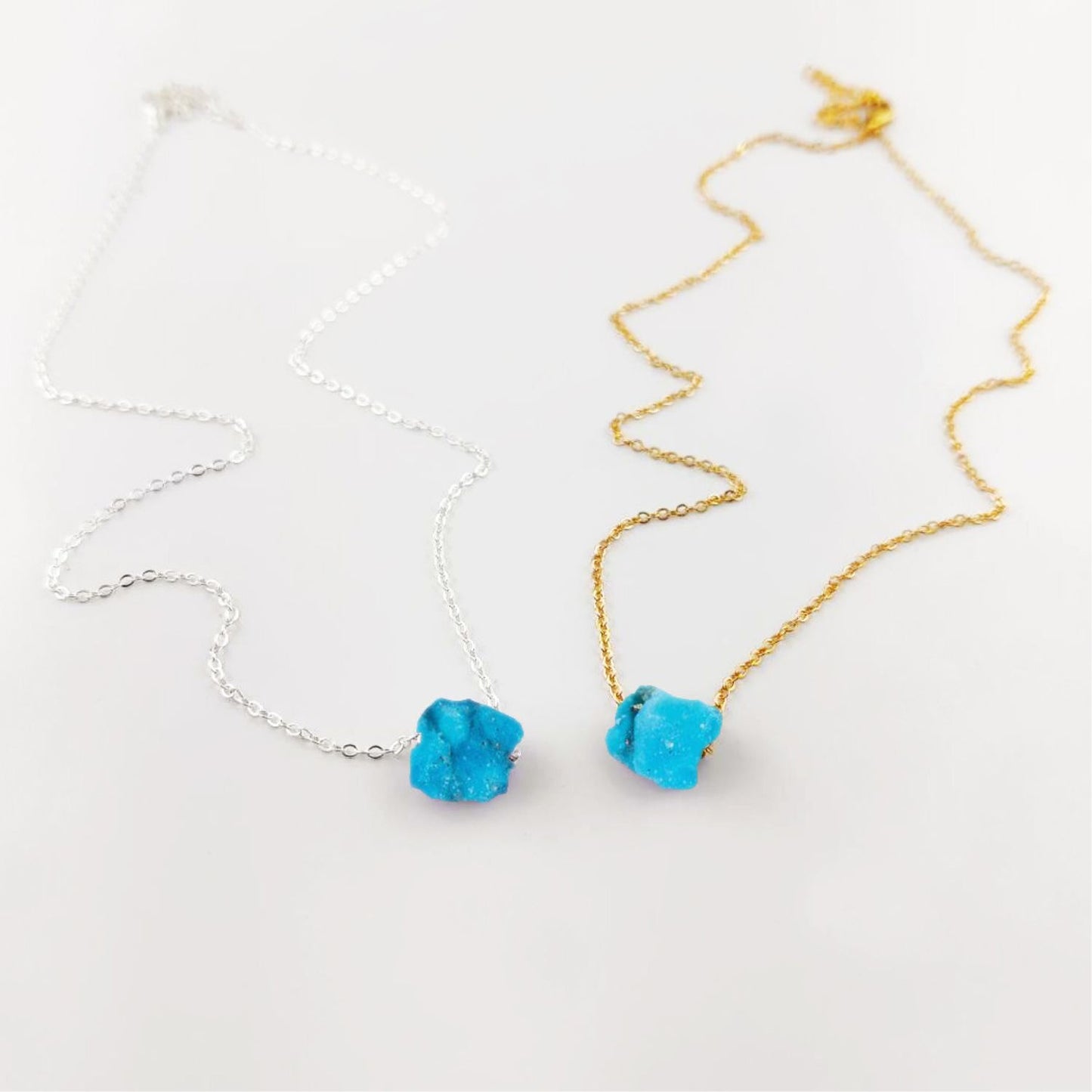 Natural Raw Blue Turquoise Gemstone Necklace with Silver Plated Adjustable Chain
