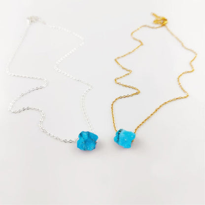 Natural Raw Blue Turquoise Gemstone Necklace with Silver Plated Adjustable Chain