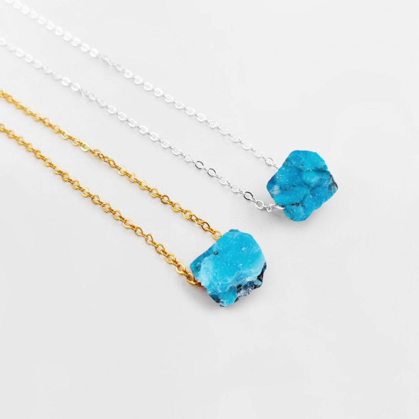 Natural Raw Blue Turquoise Gemstone Necklace with Silver Plated Adjustable Chain