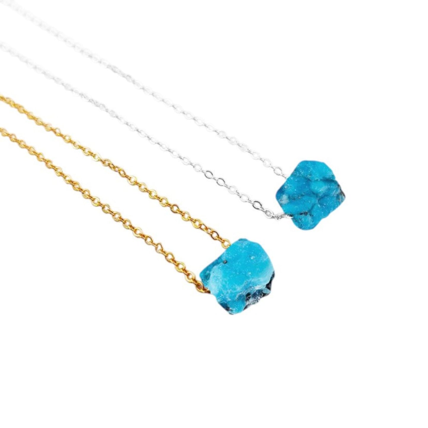 Natural Raw Blue Turquoise Gemstone Necklace with Silver Plated Adjustable Chain