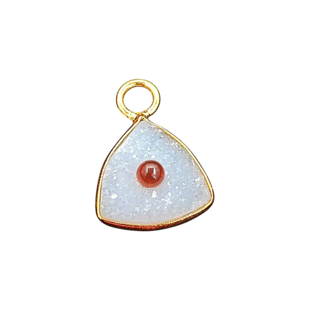 Handmade White Druzy & Garnet Inlay Pendant Gold Plated Bezel Unique Shape Boho Statement Jewelry