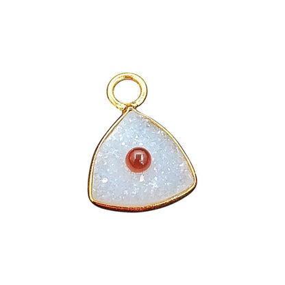 Handmade White Druzy & Garnet Inlay Pendant Gold Plated Bezel Unique Shape Boho Statement Jewelry