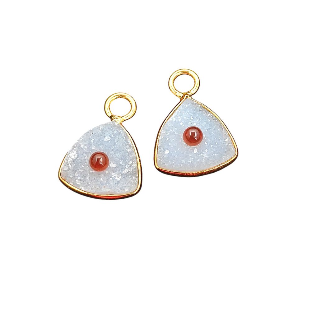 Handmade White Druzy & Garnet Inlay Pendant Gold Plated Bezel Unique Shape Boho Statement Jewelry