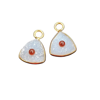 Handmade White Druzy & Garnet Inlay Pendant Gold Plated Bezel Unique Shape Boho Statement Jewelry