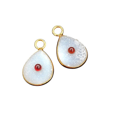 Handmade White Druzy & Garnet Inlay Pendant Gold Plated Bezel Unique Shape Boho Statement Jewelry
