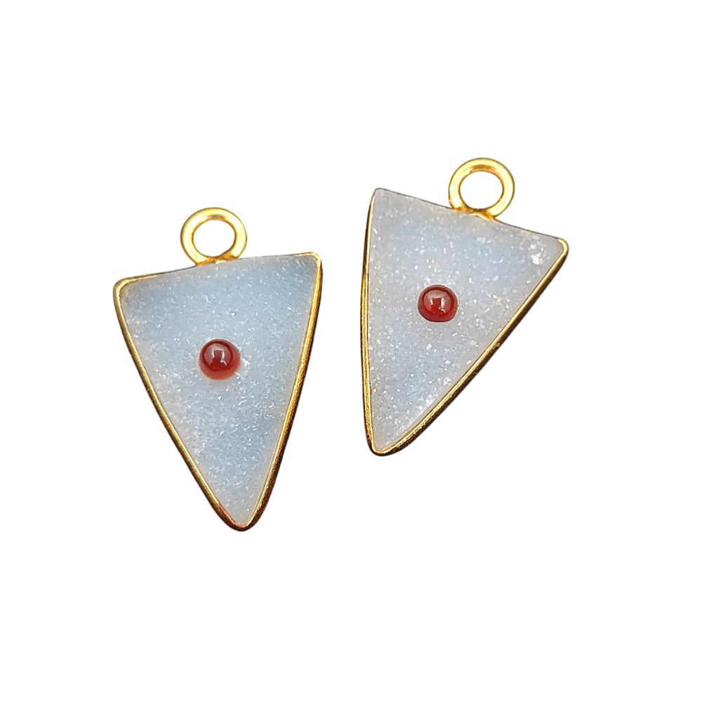 Handmade White Druzy & Garnet Inlay Pendant Gold Plated Bezel Unique Shape Boho Statement Jewelry
