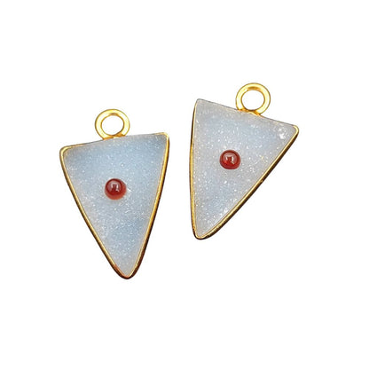 Handmade White Druzy & Garnet Inlay Pendant Gold Plated Bezel Unique Shape Boho Statement Jewelry