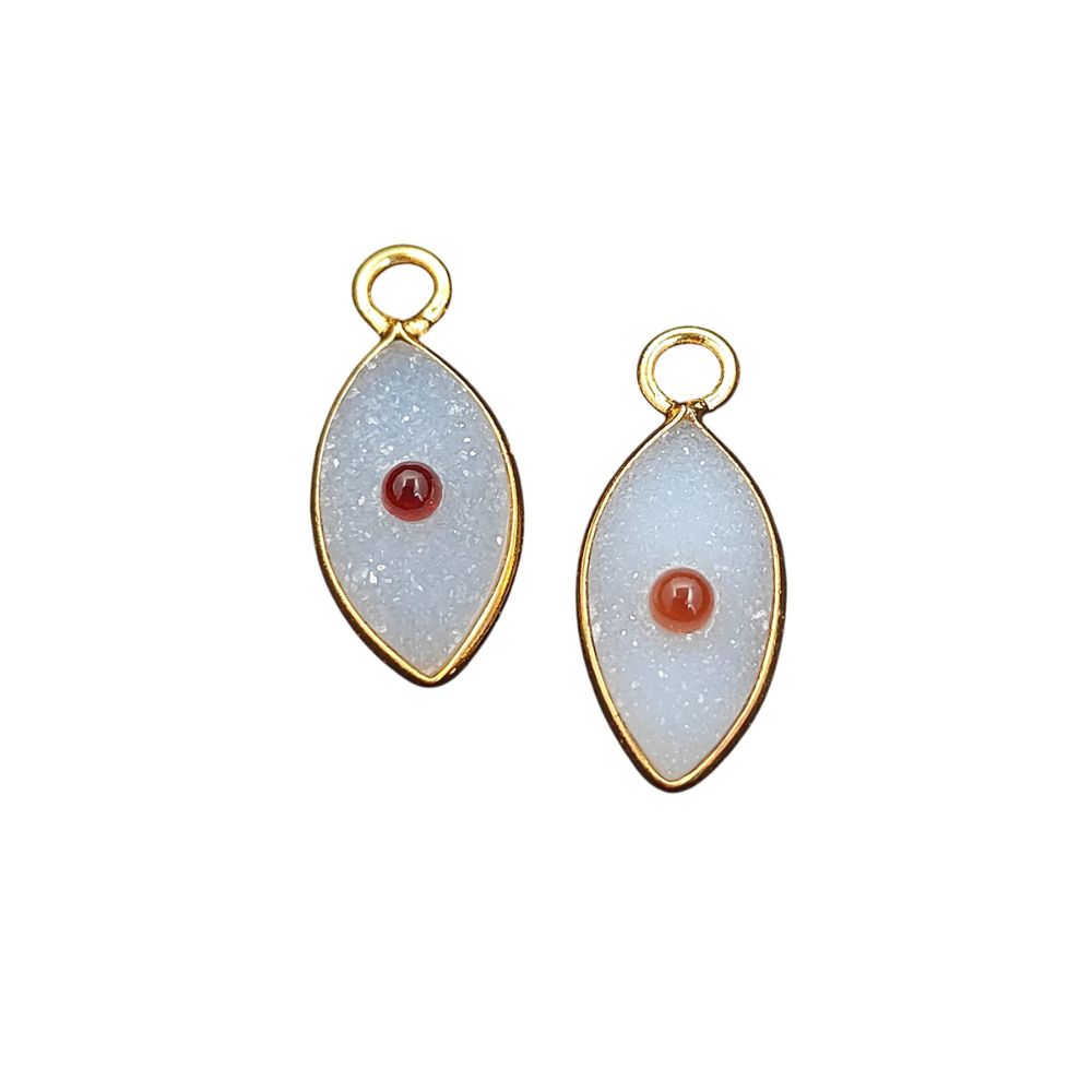 Handmade White Druzy & Garnet Inlay Pendant Gold Plated Bezel Unique Shape Boho Statement Jewelry