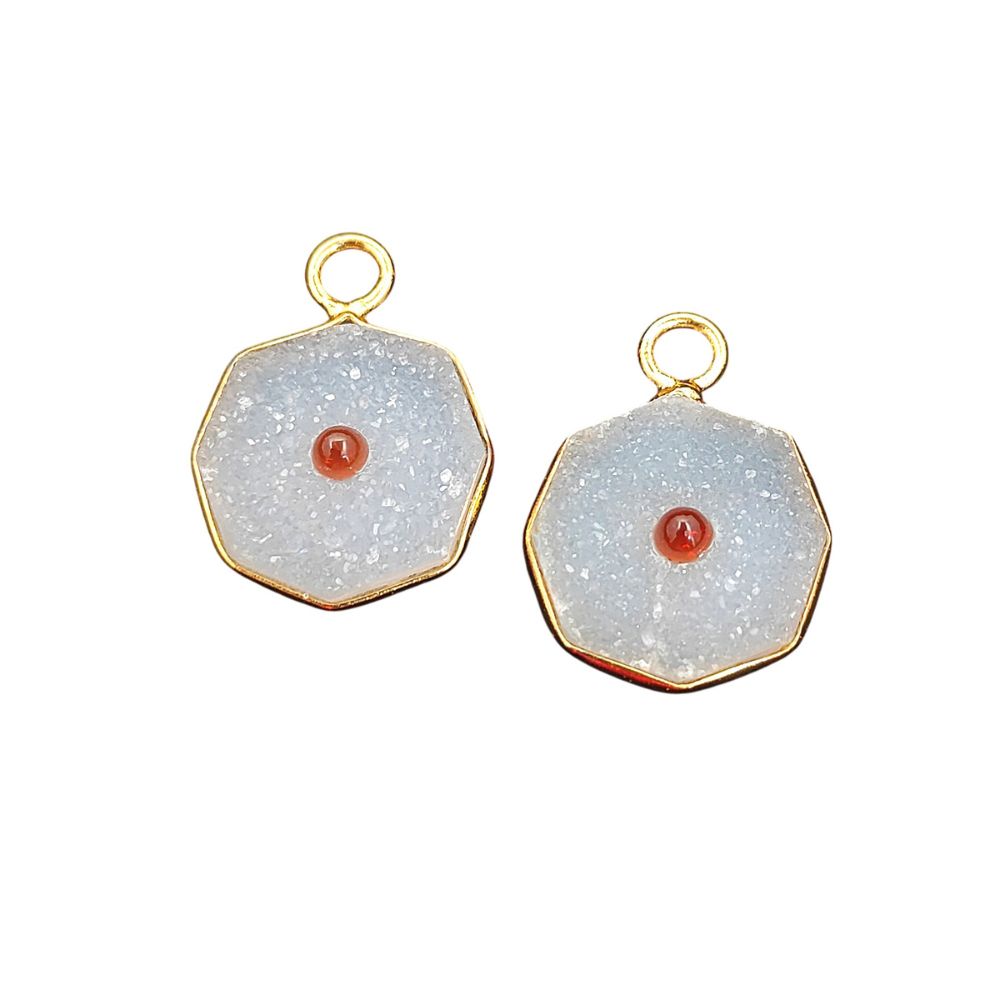 Handmade White Druzy & Garnet Inlay Pendant Gold Plated Bezel Unique Shape Boho Statement Jewelry