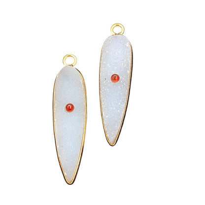 Handmade White Druzy & Garnet Inlay Pendant Gold Plated Bezel Unique Shape Boho Statement Jewelry