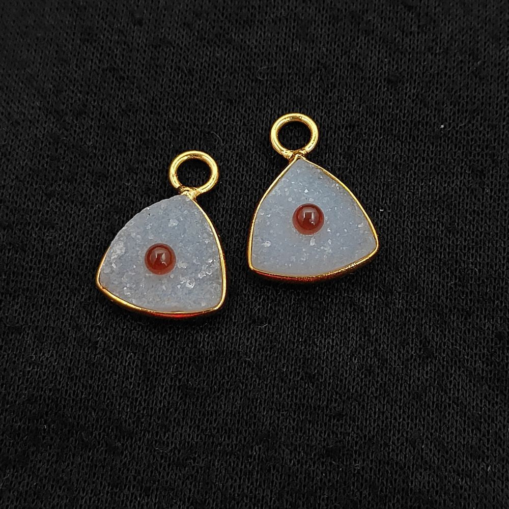 Handmade White Druzy & Garnet Inlay Pendant Gold Plated Bezel Unique Shape Boho Statement Jewelry