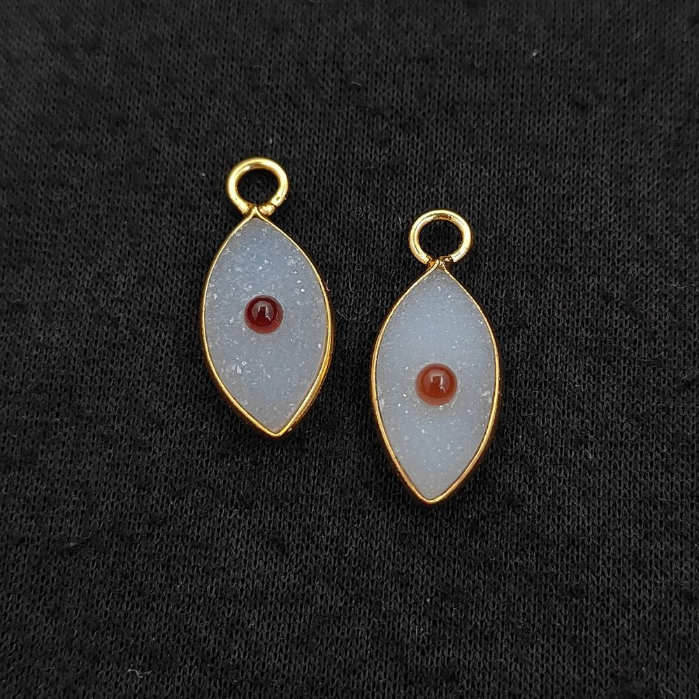 Handmade White Druzy & Garnet Inlay Pendant Gold Plated Bezel Unique Shape Boho Statement Jewelry