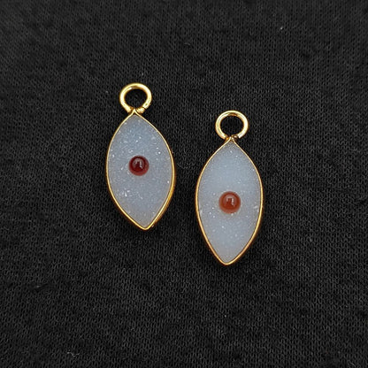 Handmade White Druzy & Garnet Inlay Pendant Gold Plated Bezel Unique Shape Boho Statement Jewelry