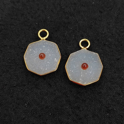 Handmade White Druzy & Garnet Inlay Pendant Gold Plated Bezel Unique Shape Boho Statement Jewelry