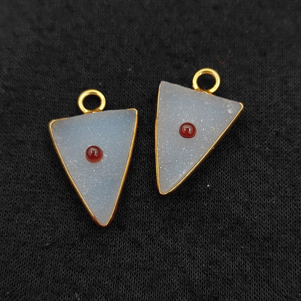 Handmade White Druzy & Garnet Inlay Pendant Gold Plated Bezel Unique Shape Boho Statement Jewelry