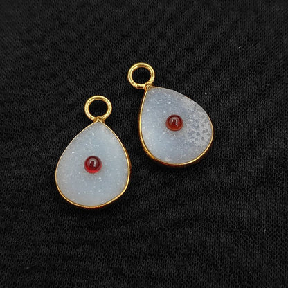 Handmade White Druzy & Garnet Inlay Pendant Gold Plated Bezel Unique Shape Boho Statement Jewelry
