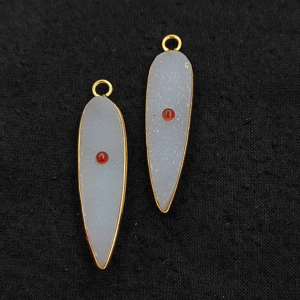 Handmade White Druzy & Garnet Inlay Pendant Gold Plated Bezel Unique Shape Boho Statement Jewelry