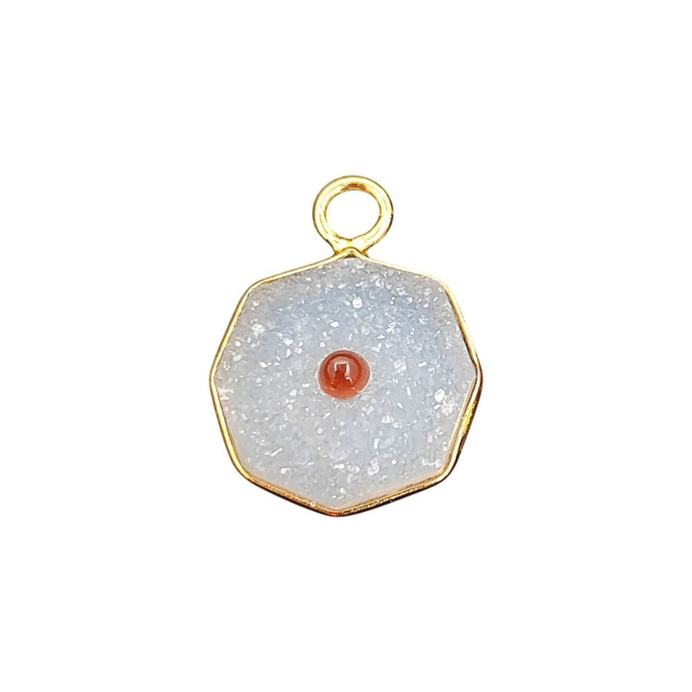 Handmade White Druzy & Garnet Inlay Pendant Gold Plated Bezel Unique Shape Boho Statement Jewelry
