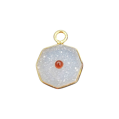 Handmade White Druzy & Garnet Inlay Pendant Gold Plated Bezel Unique Shape Boho Statement Jewelry