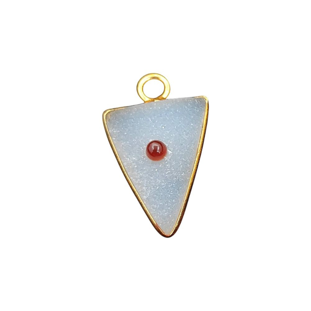 Handmade White Druzy & Garnet Inlay Pendant Gold Plated Bezel Unique Shape Boho Statement Jewelry