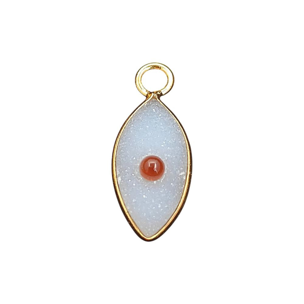 Handmade White Druzy & Garnet Inlay Pendant Gold Plated Bezel Unique Shape Boho Statement Jewelry