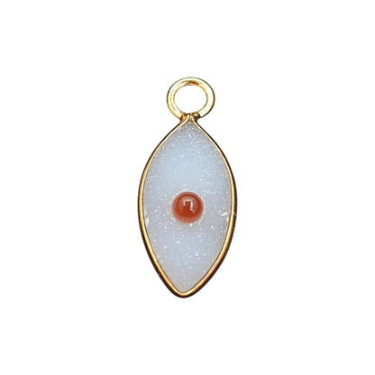 Handmade White Druzy & Garnet Inlay Pendant Gold Plated Bezel Unique Shape Boho Statement Jewelry