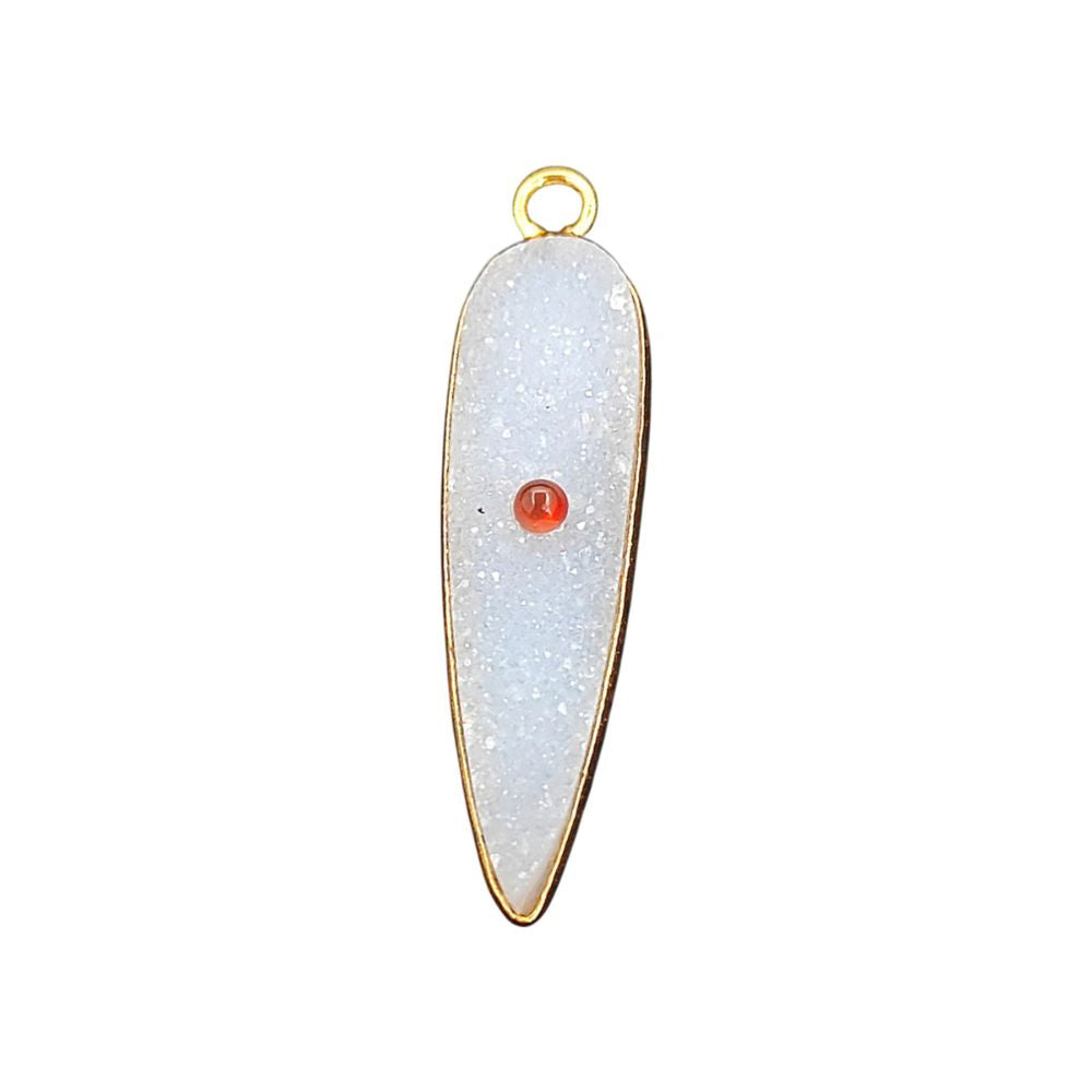 Handmade White Druzy & Garnet Inlay Pendant Gold Plated Bezel Unique Shape Boho Statement Jewelry