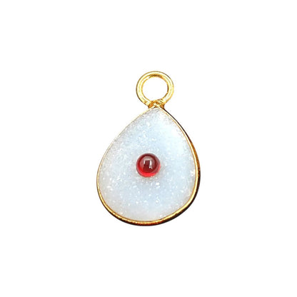 Handmade White Druzy & Garnet Inlay Pendant Gold Plated Bezel Unique Shape Boho Statement Jewelry